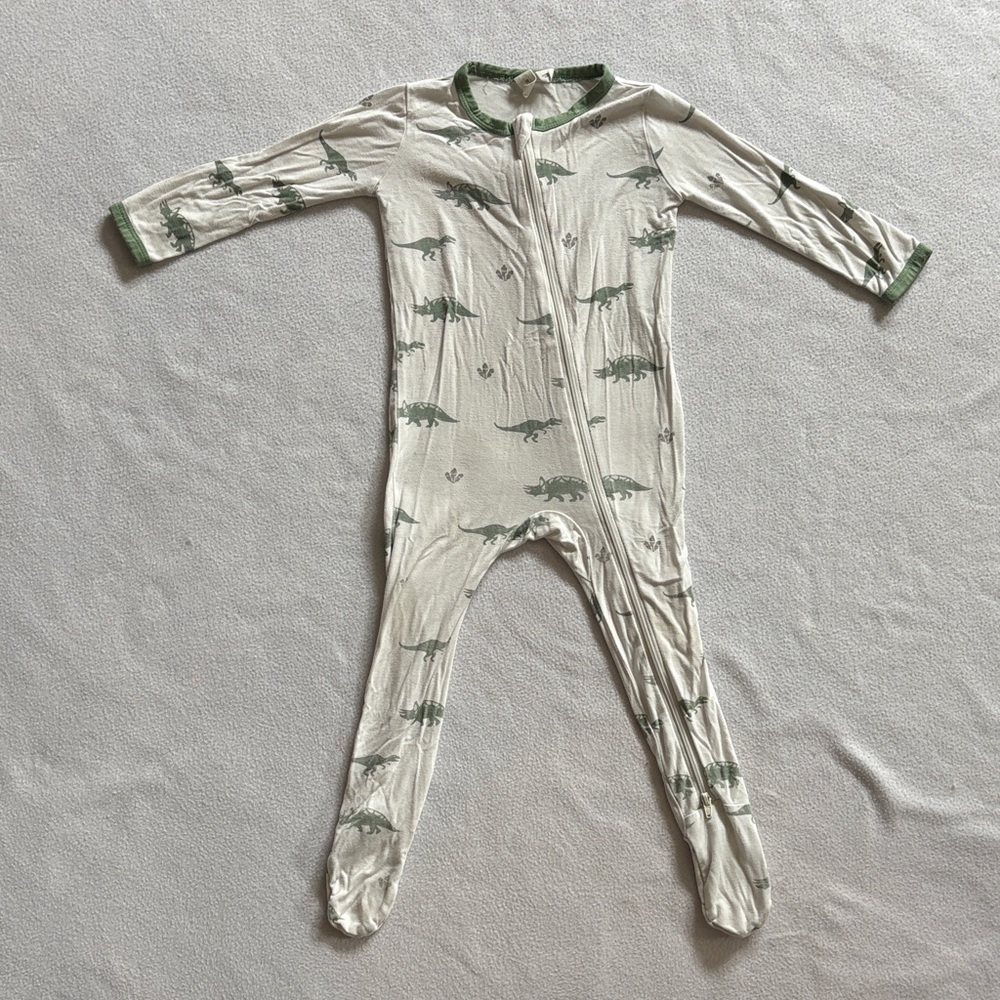 Cream One-Piece Footed Pajamas with Green Dinosaur Print